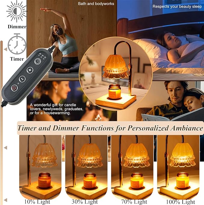 Glass Flower Lampshape Candle Warmer Lamp with Adjustable Height, Wax Burner Lamp with Timer and Dimmer, Wooden Base Candle Warmer, Women's Gifts (Amber)