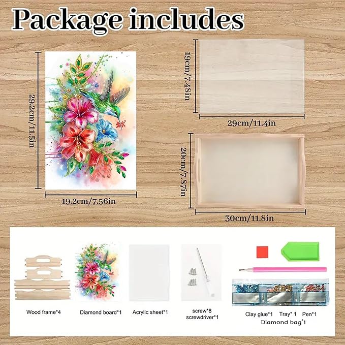 2Pcs DIY Diamond Serving Tray with Handle Handmade Gem Painting Wooden Rectangular Breakfast Tray for Dinner Plate Coffee Room Living Home Organizer-02