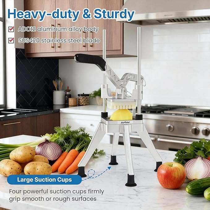 Commercial French Fry Cutter, Heavy Duty Potato Slicer with 1/2 Inch and 3/8 Inch Blade, Professional Fries Cutter for Restaurant & Home Kitchen, Stainless Steel