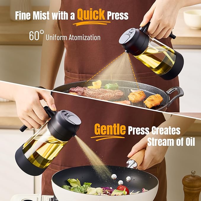 PARACITY Oil Dipenser Bottle with Silicone Bottom, 2 in 1 Olive Oil Sprayer and Dispenser, Oil Spray Bottle 470ML/ 16OZ for Cooking, Kitchen, BBQ, Air Fryer, Salad, Baking(1PC Black)