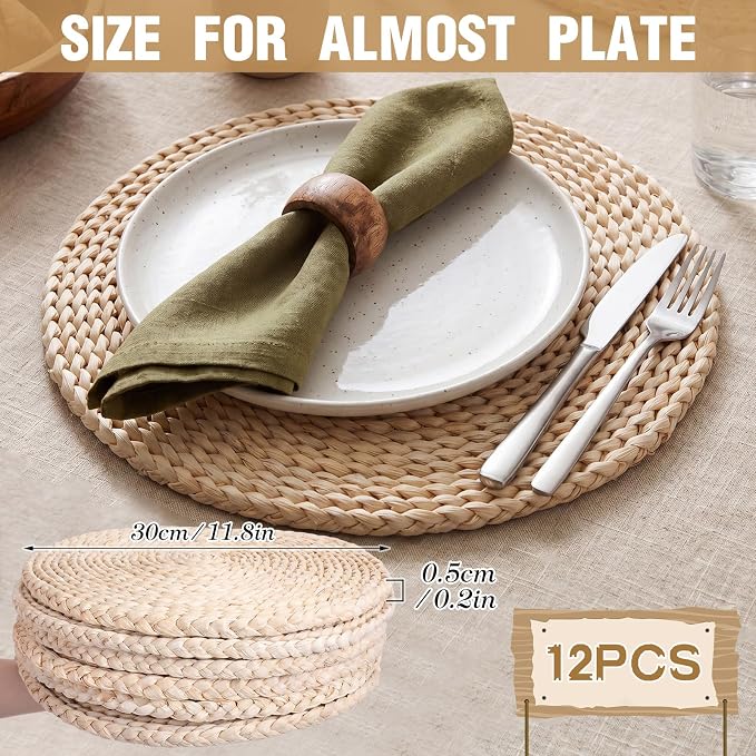 Set of 12 Round Woven Corn Husk Placemats 11.8'' Boho Farmhouse Placemats for Tabletop Decor Elegant Dining Wedding Christmas Thanksgiving Day Holiday Dinner Party Housewarming Gifts Daily