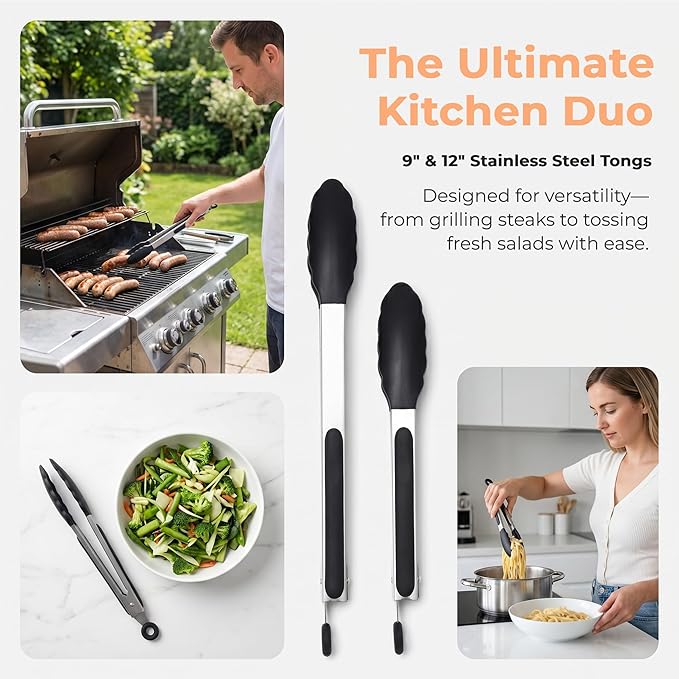 2 Pack Black Kitchen Tongs, Stainless Steel Heat Resistant Food Tongs for Cooking, Non Scratch Silicone Tip for Pans, Strong Grip, Grab Food, Toss Salad, 9 + 12 Inch, Black