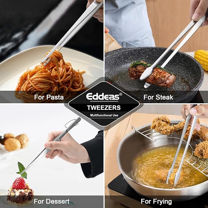 Eddeas Kitchen Tweezers Tongs, Cooking Tweezers Stainless Steel - 3 Size 12'' 10'' & 8 inch Ideal for Meat, pasta, plating and pinching delicate small pieces of food, Set of 3 (Pack of 2)