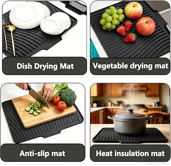 Silicone Dish Drying Mat,Dish Drying Pad,Kitchen Accessories,with Built-In and Non-Slip Drain,Easy Clean, Fit for Kitchen, Bar, RV, Refrigerator and Drawer Liner, 19.7 * 17 in Black 1PCS by EBIGIC