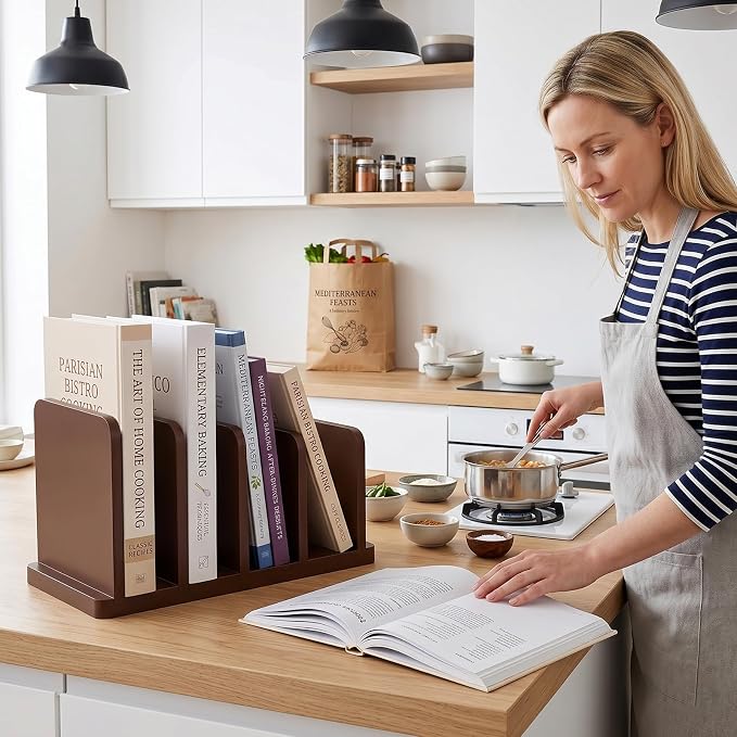 Bamboo Cook Book Organizer，4 Sections，Cookbook Stand for Kitchen Counter，Sturdy Recipe Book Holder Stand for Convenient Cookbook Storage（Burgundy）