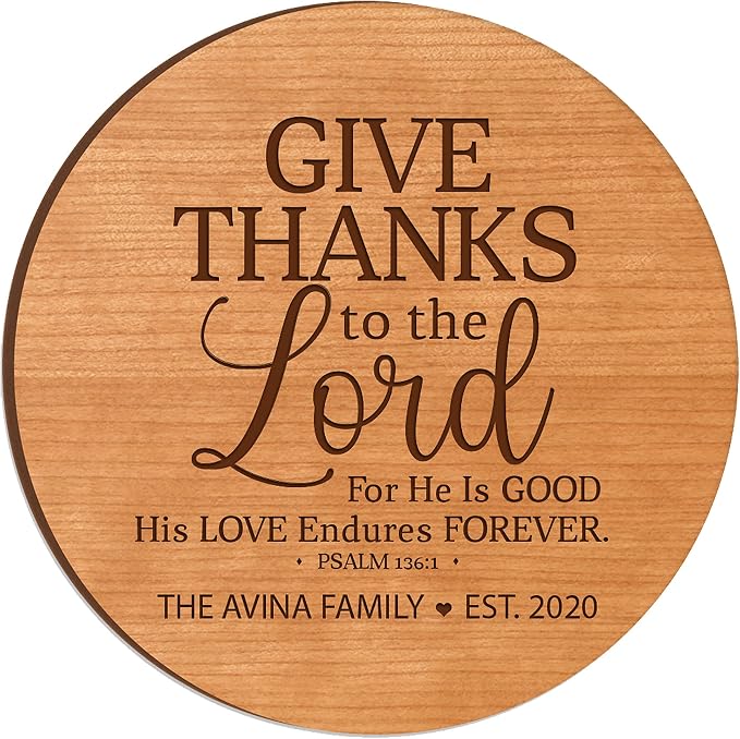 LifeSong Milestones Personalized Cherry Wood Lazy Susan Kitchen Turntable Everyday Design Ideas 12” Engraved Decorative Serving Centerpiece Family (Give Thanks)