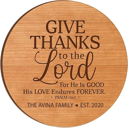LifeSong Milestones Personalized Cherry Wood Lazy Susan Kitchen Turntable Everyday Design Ideas 12” Engraved Decorative Serving Centerpiece Family (Give Thanks)