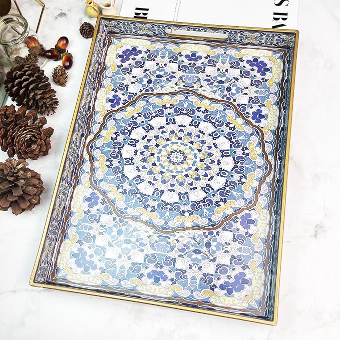 Blue Decorative Tray, Serving Tray with Handles, Plastic Large Tray for Coffee Table, Living Room, Decor, 15.7”*11.8”*1.6"