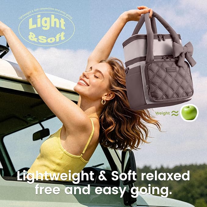 LOVEVOOK Insulated Lunch Bag Women,Expandable Double Deck Adult Lunch Box Women with Cup Holder,Bow Quilted Puffer Lunch Tote,Large Leakproof Collapsible Cooler Bag for Work College Picnic Meal Prep