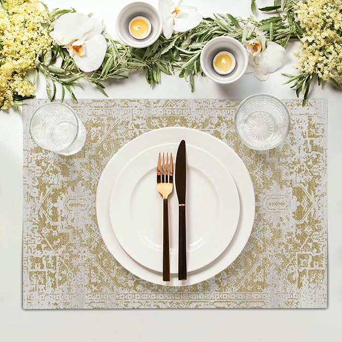 Gray Tan Boho Placemats Set of 6 Ethnic Bohemian Carpet Place Mats Washable Kitchen Dining Vintage Grey Geography Floral Linen Table Mats Stain Heat-Resistant for Home Party Indoor 12x18 in