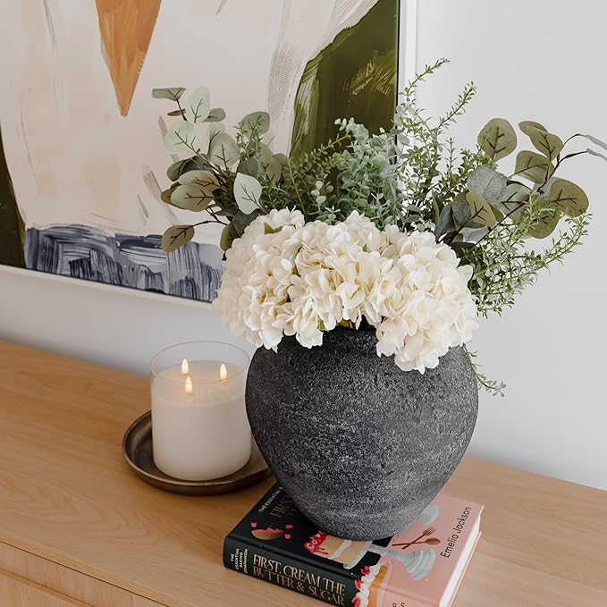 Silk Serenade White Hydrangea Faux Flower Arrangements with Eucalyptus & Greenery for Home Decor, 5 Heads and 8 Green Fake Flores Long Tall Artificial Stems Floral Kitchen Living Dining Centerpieces