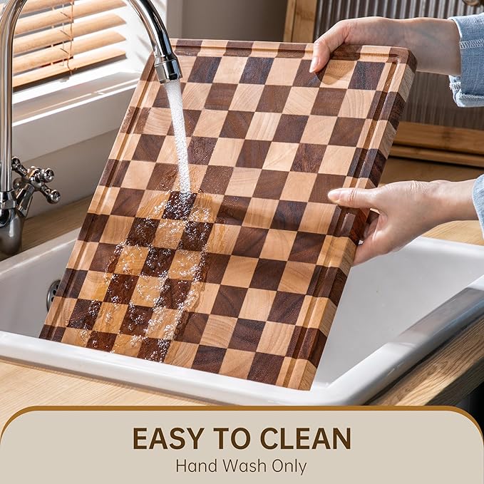Checkered Cutting Board, Wooden Cutting Boards for Kitchen, Acacia Wood Cutting Board with Handle & Juice Grooves, Small Charcuterie Boards with Gift Box, 14" X 11" X 0.8"