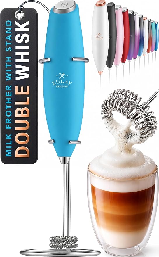 Zulay Powerful Milk Frother for Coffee with Upgraded Titanium Motor - Handheld Electric Whisk, Milk Foamer, Mini Mixer & Coffee Blender for Frappe, Latte, Matcha, No Stand - Ocean Blue