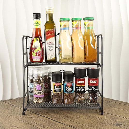 2 Tier Spice Rack Seasoning Bottle Holder Black Metal Non-Slip Foldable Kitchen Bathroom Countertop Tabletop Standing Organizer for Home House Office desktop Items Storage Y0727(Wave)