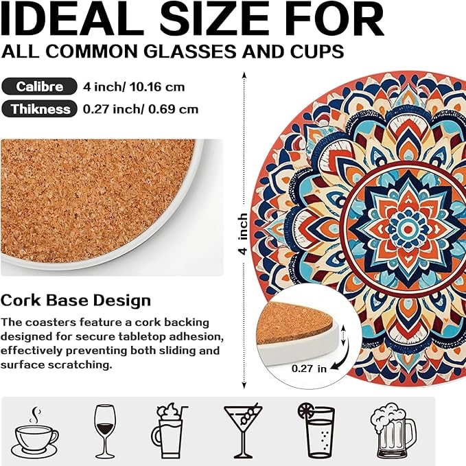 zcyhtqp, Funny Absorbent Round Ceramic Stone Coasters Set of 4 with Cork Base, Mandala Drink Coasters, Ceramic Boho Coasters, Gifts for Home, Kitchen, Bar, Office Table Décor