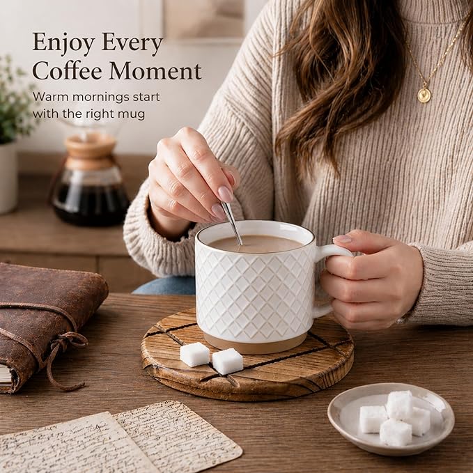 GBhome 15OZ Stackable Coffee Mugs, Ceramic Coffee Mugs with Texture Patterns for Man,Woman,Dad,Mom, Modern Coffee Mugs Set of 4 for Latte/Cappuccino/Cocoa. Dishwasher&Microwave Safe, Off White