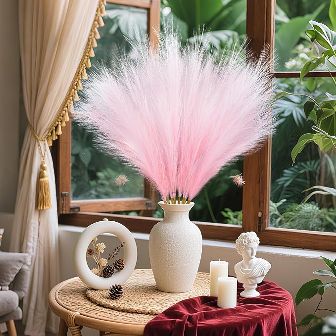 TORONTOKYO 8Pcs Pink Faux Pampas Grass Tall Decor, 35.4” Fluffy Artificial Pompous Grass Branches, Large Pampas Grass Reed Stems for Floor Vase Filler, Wedding, Baby Shower, Home and Boho Decor
