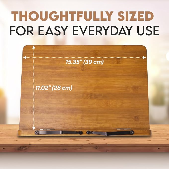 Bamboo Cookbook Stand Large, Adjustable Book Holder Tray and Page Paper Clips - Natural Color Large - 4-Position Recipe Book Stand Holds Thick Books for Kitchen Counter, Reading, Studying - Foldable
