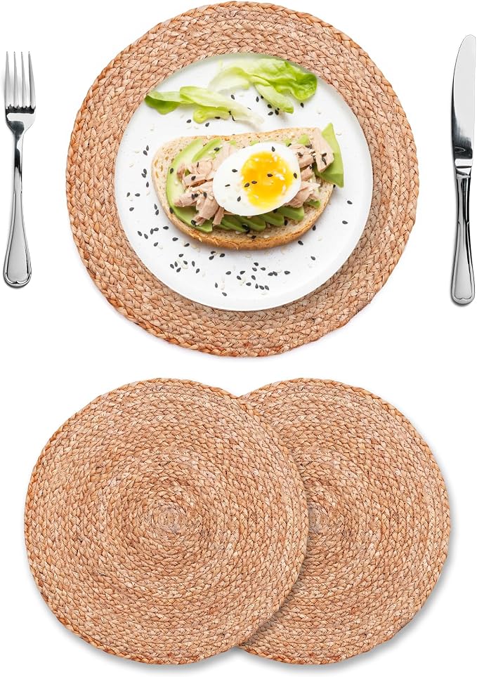 Eco Crave Natural Jute Placemats Set of 2, Round Woven Table Mats, 13 Inch Rattan Charger Plates for Dinner, Boho Farmhouse Braided Place Mats