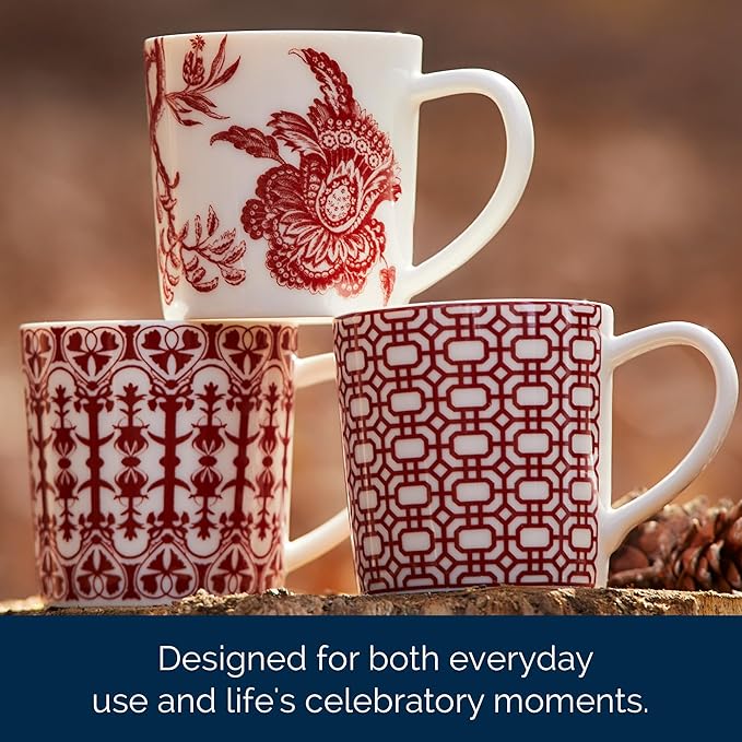 Caskata Newport Garden Gate Crimson Oversized Mugs Set of 4 | High-Design Lead-Free Porcelain Mug Set for Entertaining or Everyday | Unique Party Mugs for Wedding or Birthdays | 14 oz