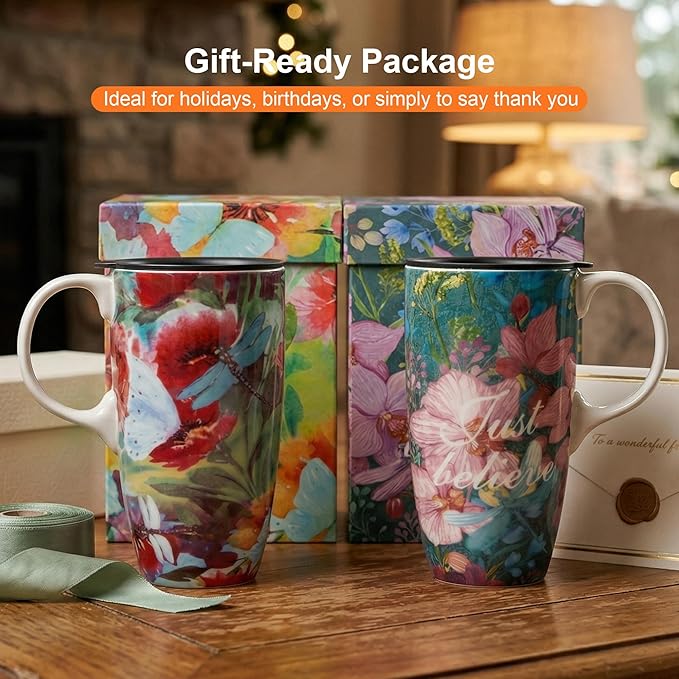 DUSVALLY Set of 2 Ceramic Travel Mug with Handle and Splash-Resistant Slider Lid, Suitable for Coffee and Tea, Microwave & Dishwasher Safe, Pink+Green Flower Mug