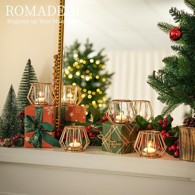 Geometric Tea Light Candle Holders - Wedding Centerpiece for Tables Morden Metal Votive Tealight Candles Stand with Glasses Coffee Home Room Decor Wedding Party Birthday Decoration, Gold 6 pcs