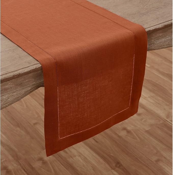 Solino Home Linen Cinnamon Table Runner 90 Inches Long - 100% Pure Linen Hemstitch 14 x 90 Inch Table Runner for Dining - Classic Hemstitch