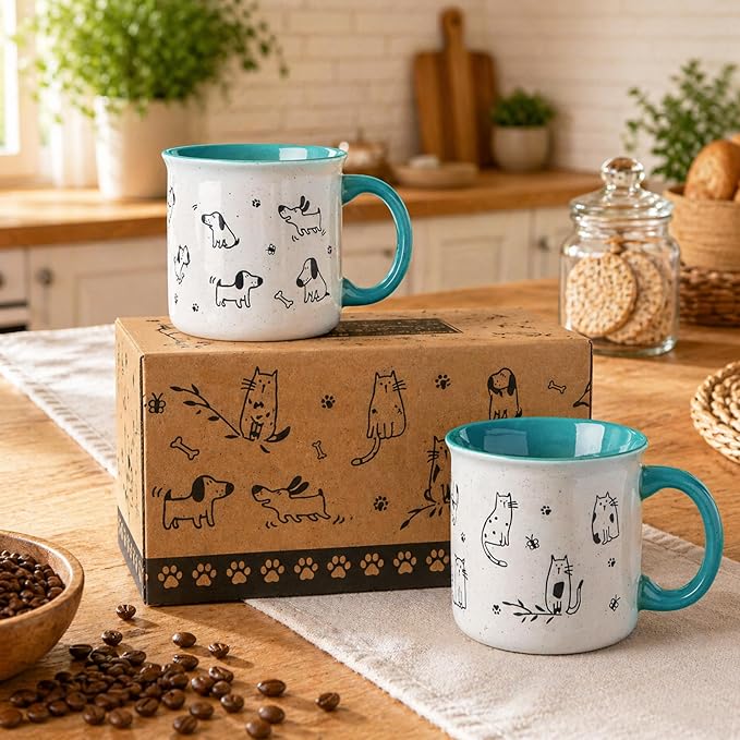 AmorArc 22 OZ Large Ceramic Coffee Mugs Set of 2, Oversized Mugs With Big Handle for Men Women Dad Mom, Big Mug With Textured Dogs Cats Patterns for Office & Home -Microwave Safe, 2 Pcs-Blue