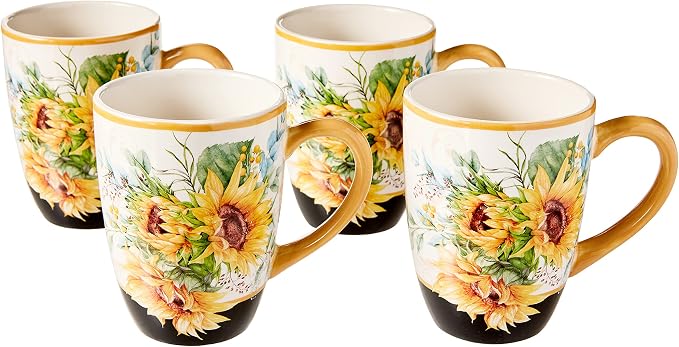 Sunflower Fields Ceramic Mugs, Set of 4 – 18 oz Floral Coffee & Tea Cups with Golden Handles – Great for Brightening Mornings, Hosting Guests, or Gifting Joy