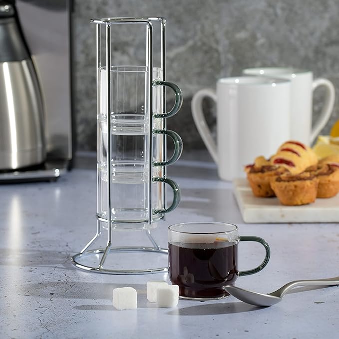 Gibson Soho Lounge Stackable Glass Espresso Cups with Rack, 4-Piece Set, 3.8oz – Durable Glass Coffee Cups