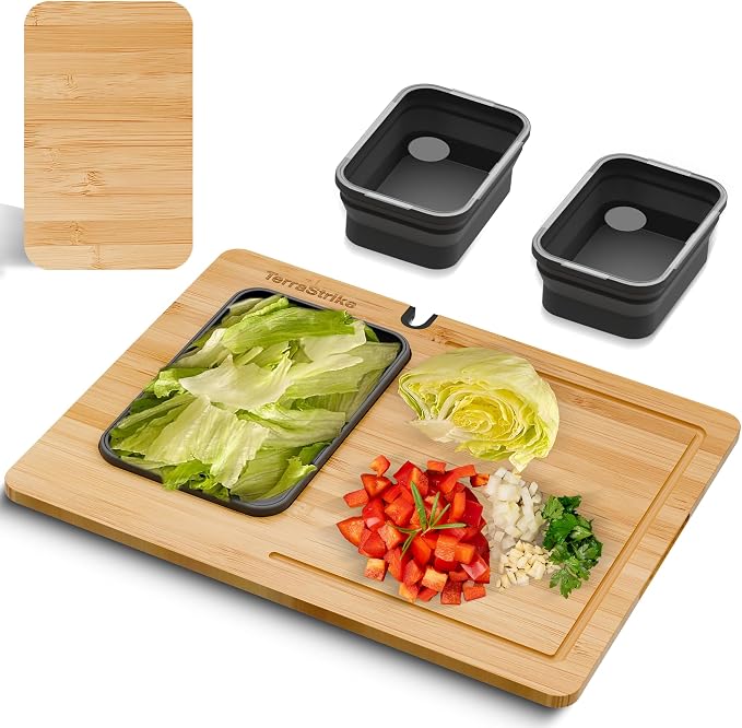 Bamboo Cutting Board Set with Knife Sharpener – Thick Wood Boards with Juice Groove, Silicone Container & Handles Non-Toxic Over Sink Design Ideal Kitchen Gifts