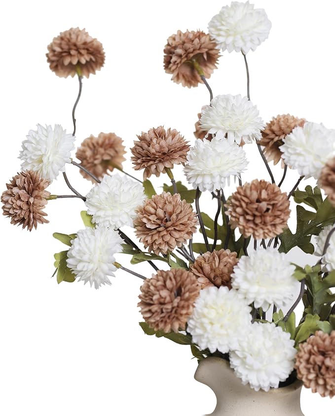 DuHouse 9pcs Artificial Flowers Faux Silk Pompon Mum, Mixed Color Silk Small Mini Chrysanthemum Ball with Stems for Home Table Kitchen Decor DIY Wedding Bouquets Centerpieces
