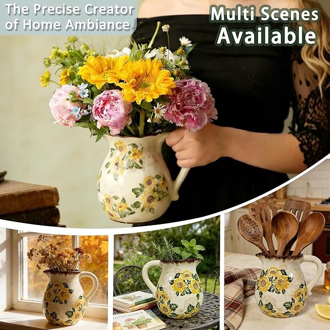 Ceramic Utensil Holder for Kitchen Counter, 6.1 Inch Modern Farmhouse Rustic Cooking Utensil Holder for Countertop Home Decor, Vintage Utensil Organizer Crock for Cooking & Spoon Tools (Sunflower)