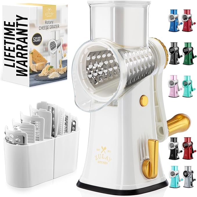 Zulay Kitchen Rotary Cheese Grater 5 Blade Cheese Shredder - Manual Hand Crank Cheese Grater With Reinforced Suction & 5 Interchangeable Drums - Easy to Use, Vegetable Chopper Round Mandoline Slicer