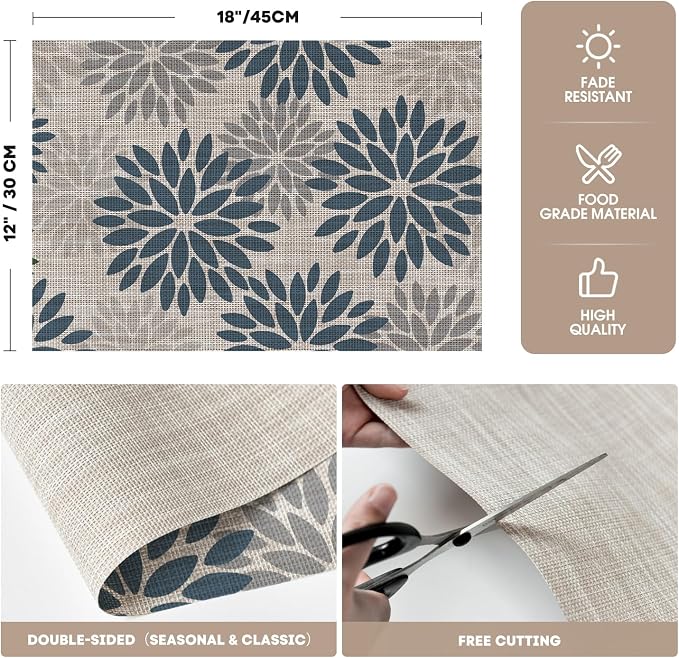 Artoid Mode Floral Vinyl Placemats Set of 4, Heat Resistant Washable Non-Slip Plastic PVC Place Mats for Party Kitchen Dining Decor, Blue Grey
