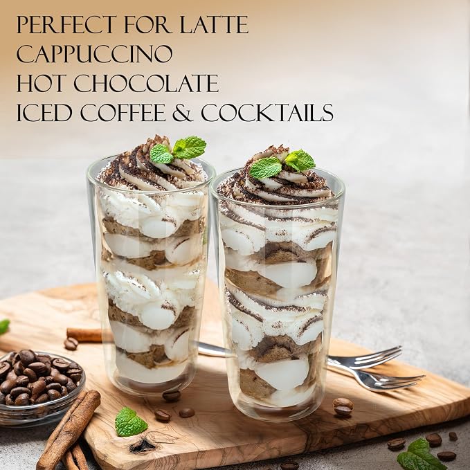 Joeyan Double Wall Glass, 15.2oz Wave Insulated Glass Tumblers Clear Coffee Cups for Hot Cold Drinks, Tall Drinking Highball Glasses for for Iced Coffee, Latte, Matcha, Tea, Smoothie, Set of 2