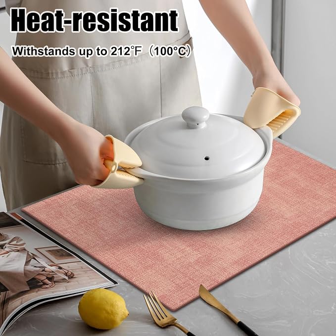 Homaxy Faux Leather Heat Resistant Placemats for Dining Table Set of 8, Waterproof Wipeable Washable PU Table Mats, Easy to Clean Anti-Slip Place Mats, 11.8" x 17", Pink