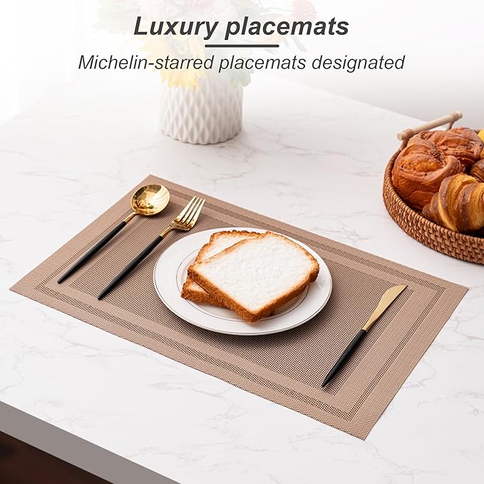 CADONO Placemats Set of 4 Washable Indoor/Outdoor Vinyl Place Mats for Dining Table Durable Non-Slip Heat Resistant PVC Weave Table Mats（Simple Style-Light Brown）