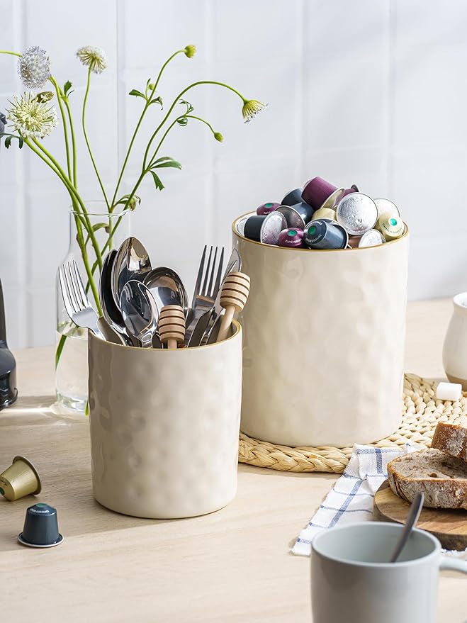 famiware Ocean Utensil Holder, 7.2"+5.8" Ceramic Kitchen Utensil Holder for Countertop, Cooking Utensil Crocks, Utensil Organizer for Spatula & Spoon, Kitchen Decor, Set of 2, Vanilla White