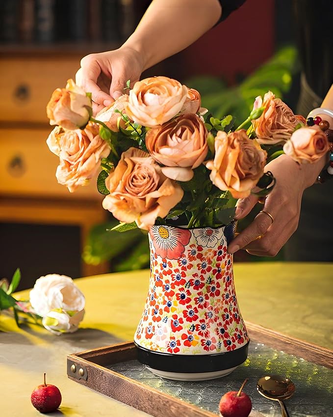 Utensil Holder for Kitchen Counter, Large Ceramic Utensil Holder Crock with Drain Tray, Hand-Painted Floral Rustic Farmhouse Kitchen Crock, Perfect for Women, Christmas, Hostess Gifts & Fall Decor