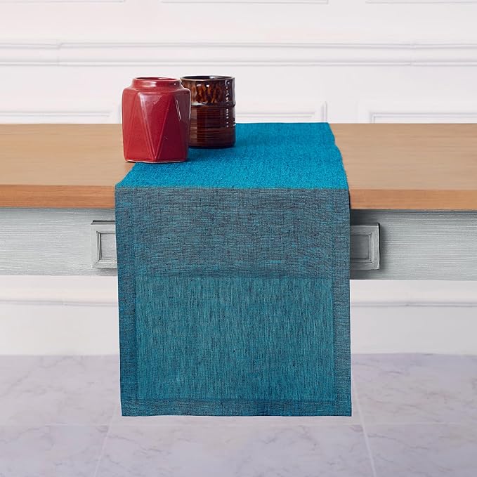 Solino Home Linen Table Runner 144 Inches Long - Athena, 100% Pure Linen Chambray Teal 14 x 144 Inch Table Runner for Dining, Spring, Summer