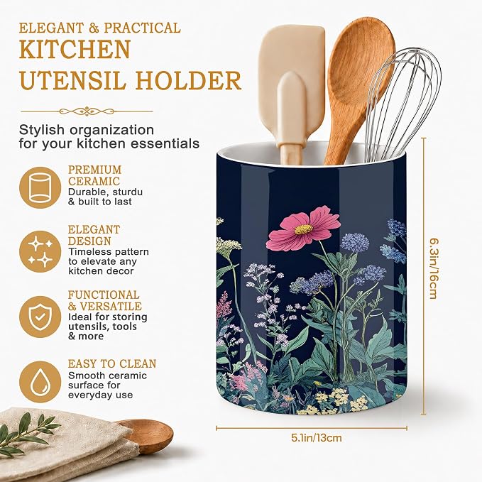 Wildflower Spring Floral Kitchen Utensil Holder,Garden Flowers Large Ceramic Utensil Crock for Countertop,Cooking Utensil Organizer for Spatulas, Spoons
