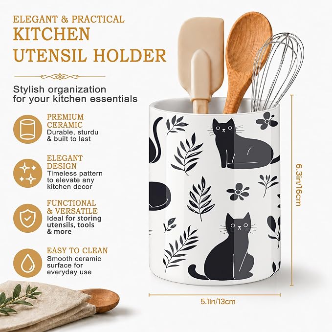 Funny Black Cat Utensil Holder for Countertop,Flowers Plants Ceramic Utensil Crock Organizer for Home Kitchen Spoons,Spatulas and Cooking Tools
