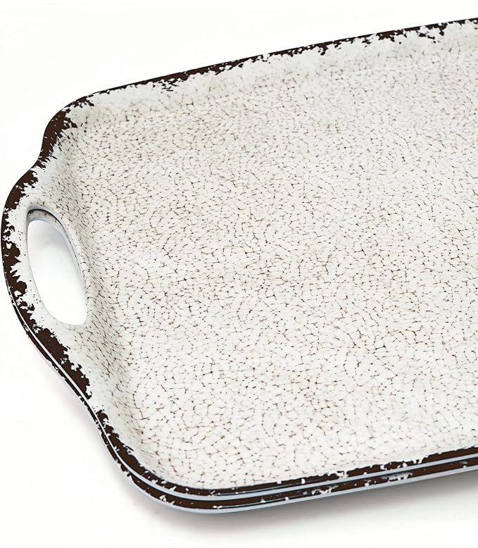 TP Large Serving Trays with Handles, 19" x 12" Melamine Serving Platters for Food, Turkey, Set of 2 Rectangular Trays for Party, Rustic White