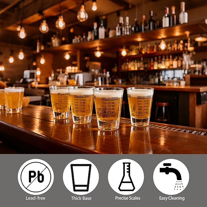 Shot Glass Measuring Cup Set of 4, Thick Base and Smooth Edge Small Measuring Cup for Espresso and Liquor, Easy Cleaning with Four Units of Measurement (1 oz, 2 Tbs, 6 Tsp, 30 ml)