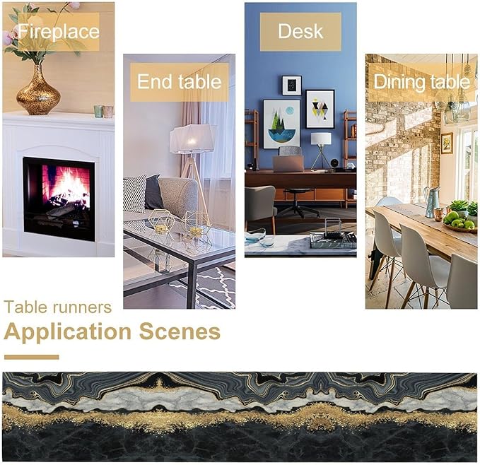 Marble Table Runner, Modern Luxury Foil Cracked Texture Black Gold Marble Printed Linen Table Runners for Kitchen Living Room Farmhouse Dining Room Party Home Decor 13" W x 60" L