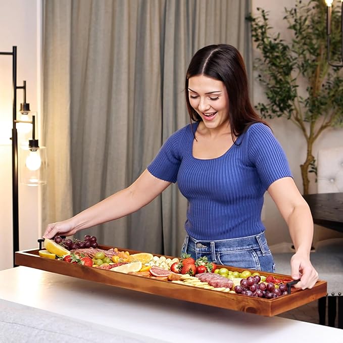 TIDITA Acacia 36 Inch Large Charcuterie Boards for Party with Cheese Knife Set of 4 – Acacia Wood Serving Tray with Handles, Long Charcuterie Board, Wooden Cheese Board
