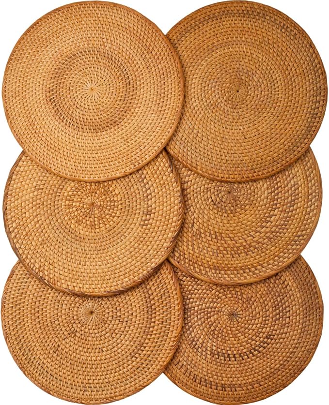 6-Pack Rattan Placemats - 13-inch Round Placemats (Smoky Brown) - Smoked-Cured Woven Place Mats, Round Table Mats - Wicker Chargers for Dinner Plates, Plate Chargers Boho - Kitchen Table Decor