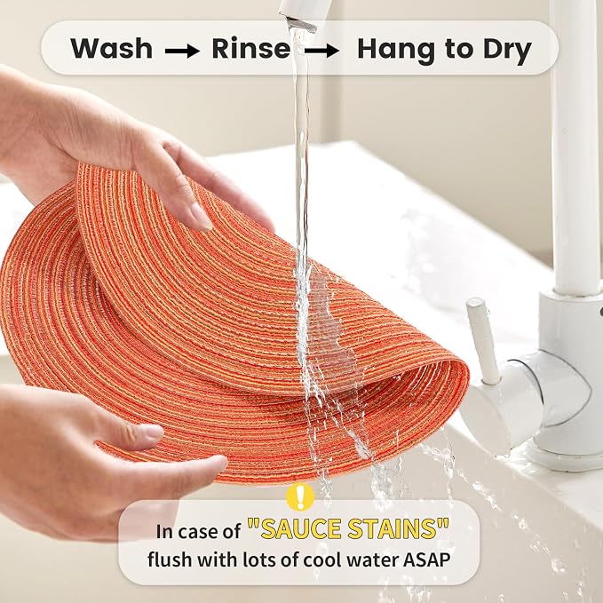 15'' Round Woven Placemats Set of 6, Natural Heat Resistant Washable Non-Slip Woven Table Mats -Orange
