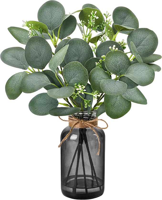 Der Rose 13.5" Fake Plants for Black Bathroom Decor Artificial Eucalyptus Stems in Black Glass Vase with Faux Water for Office Desk Accessories Farmhouse Home Table Centerpiece Decor（Sage Green）